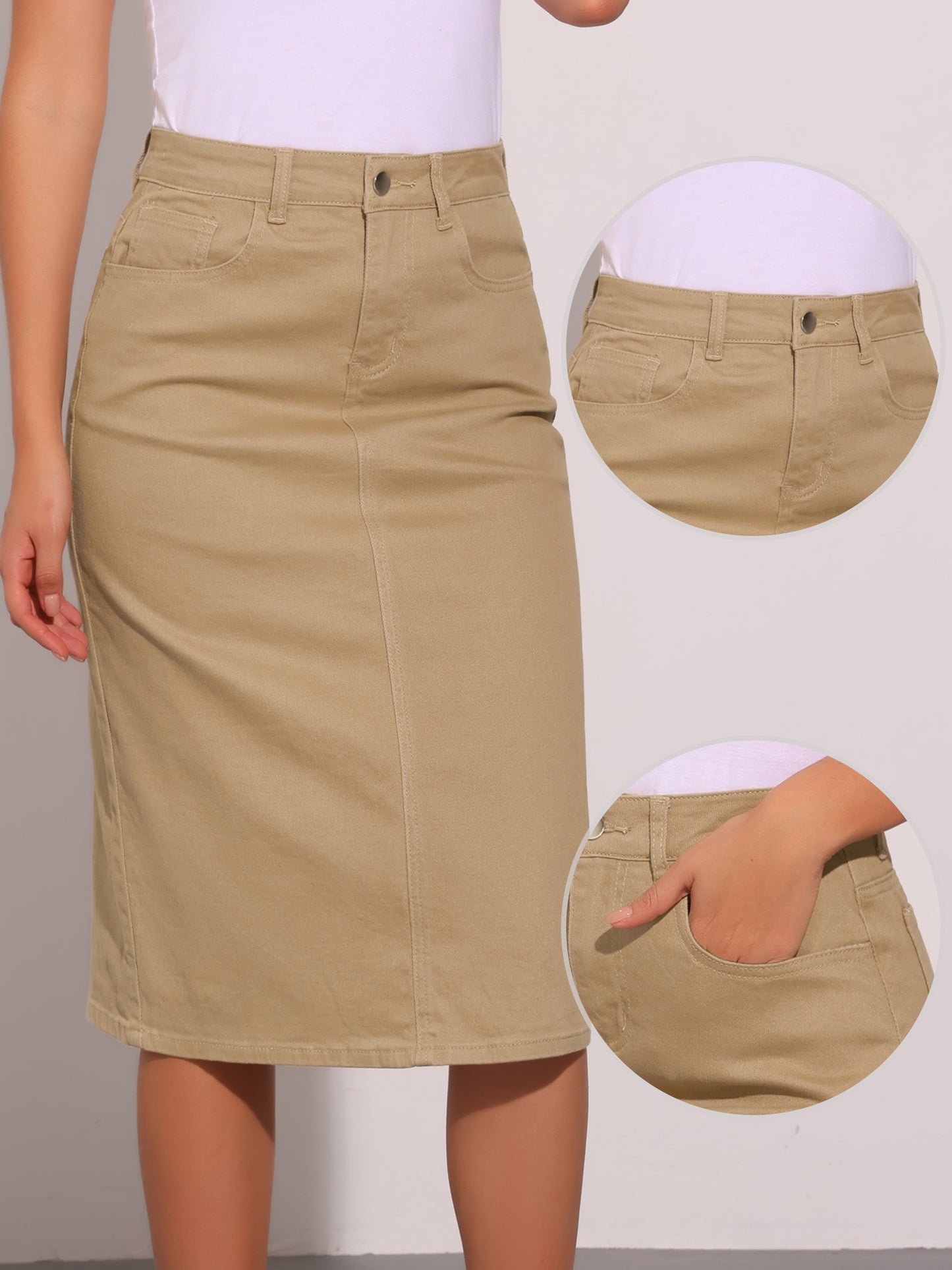 Women's Casual Denim Skirt High Waist Split Back Pockets Midi Jean Skirt