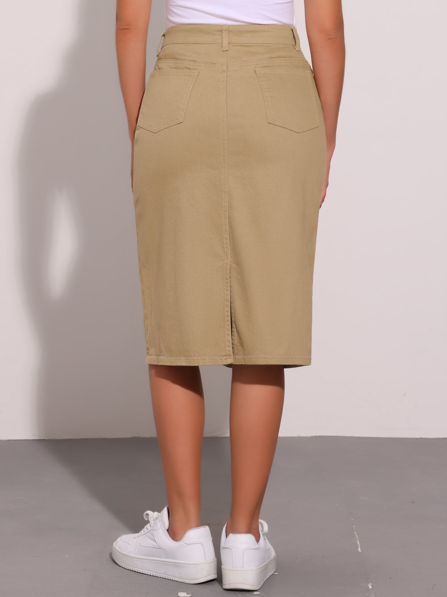 Women's Casual Denim Skirt High Waist Split Back Pockets Midi Jean Skirt