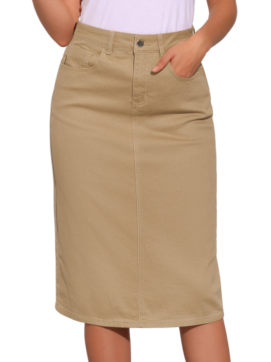 Women's Casual Denim Skirt High Waist Split Back Pockets Midi Jean Skirt