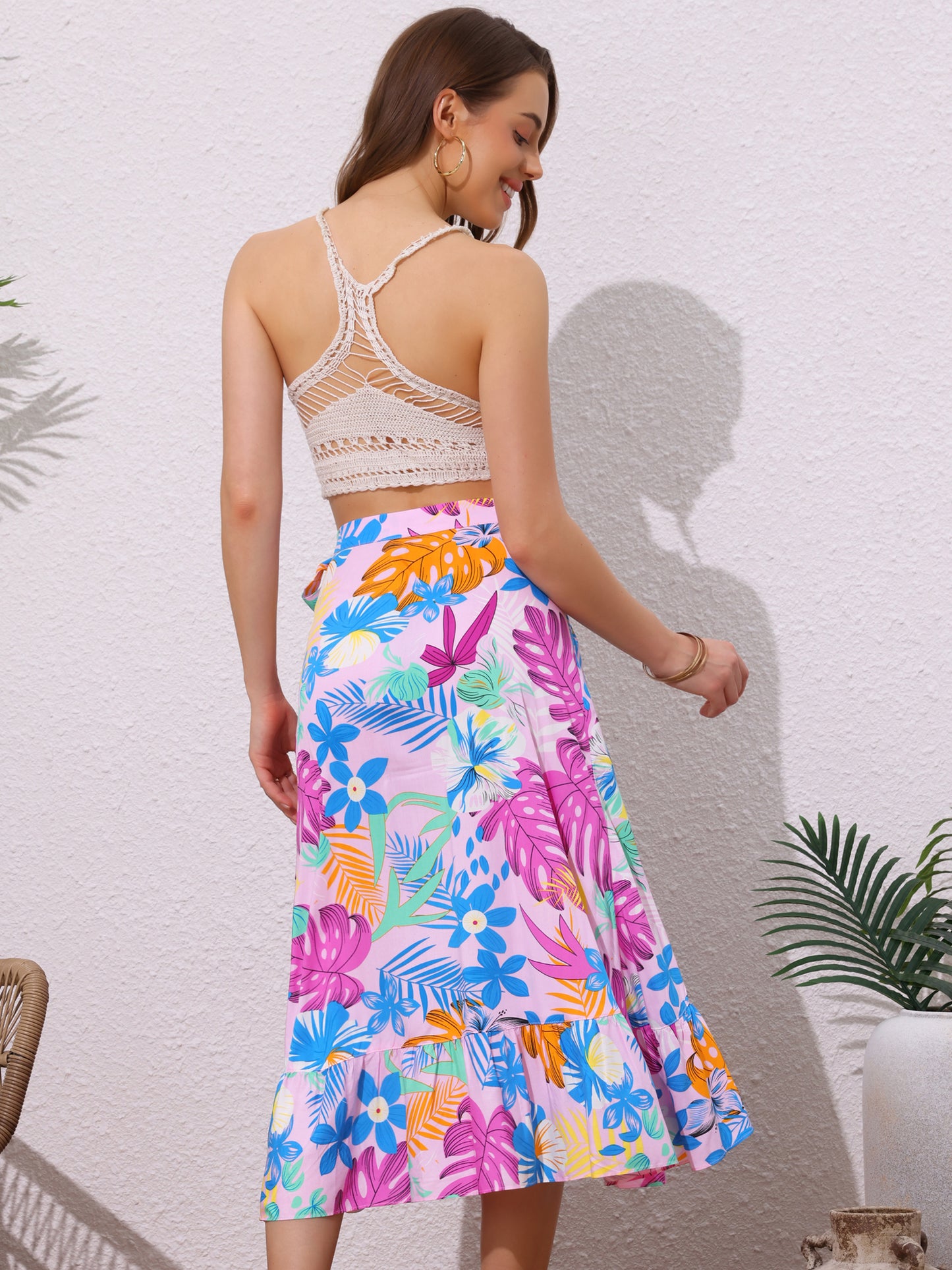 Women's Tropical Floral Print Ruffle Self Tie Knot Split Beach Wrap Skirt