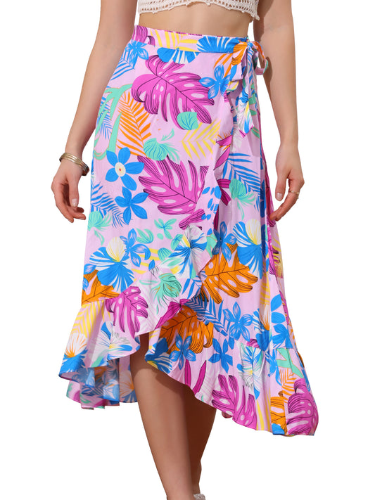 Women's Tropical Floral Print Ruffle Self Tie Knot Split Beach Wrap Skirt