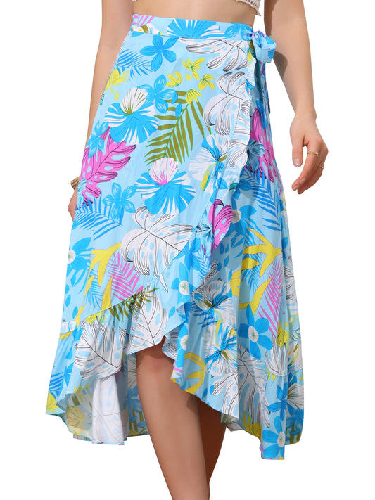 Women's Tropical Floral Print Ruffle Self Tie Knot Split Beach Wrap Skirt