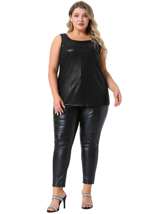Women Plus Size Tops Scoop Neck Sleeveless Party Clubwear Holographic Shiny Metallic Tank Top