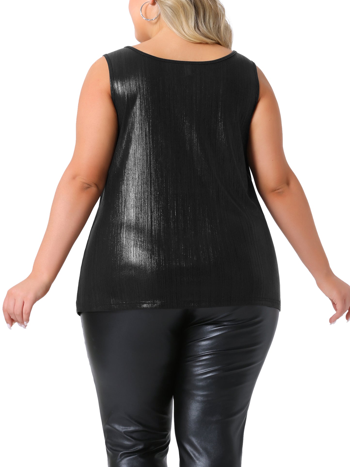 Women Plus Size Tops Scoop Neck Sleeveless Party Clubwear Holographic Shiny Metallic Tank Top