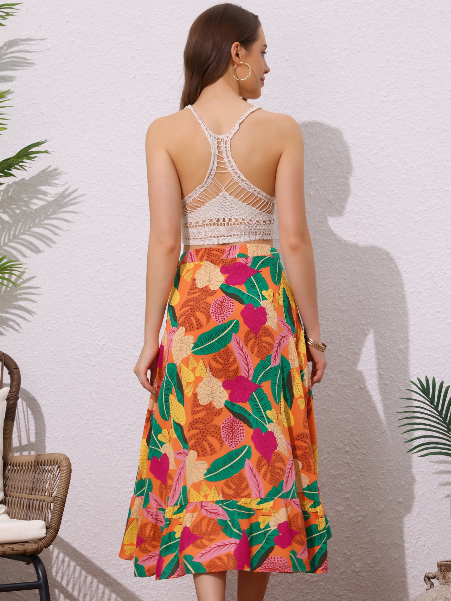 Falda cruzada playera con volantes y nudo para mujer, con estampado floral tropical