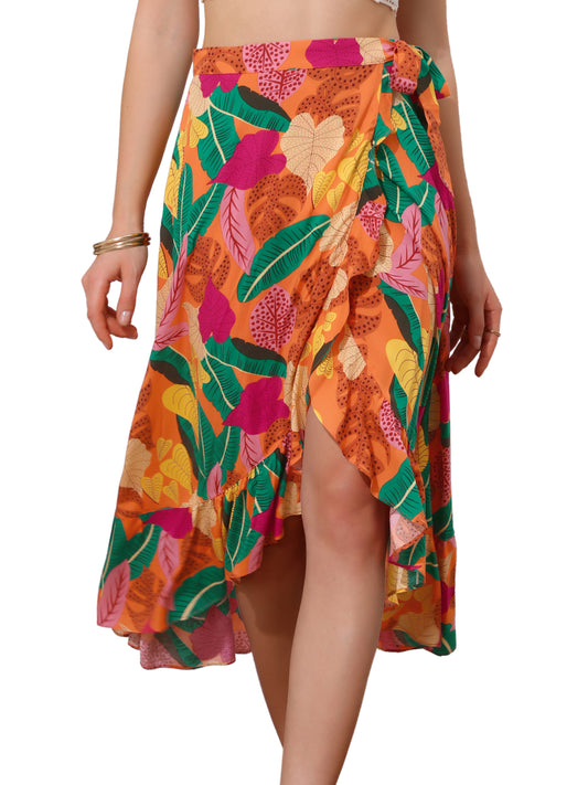 Women's Tropical Floral Print Ruffle Self Tie Knot Split Beach Wrap Skirt