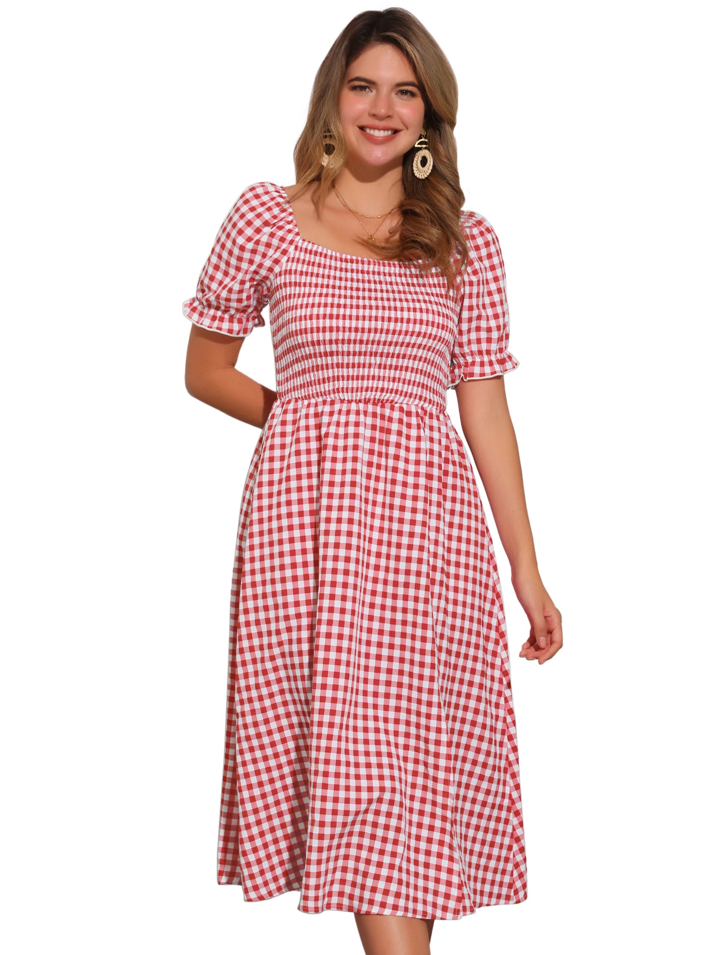 Women's Gingham Dress Peasant Smocked Puff Sleeve Checkered Fit and Flare Midi Dresses