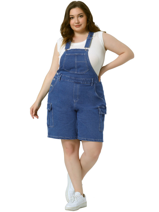 Women Plus Size Overall Shorts Jumpsuit Adjustable Strap Bib Cargo Pocket Jean Denim Overalls