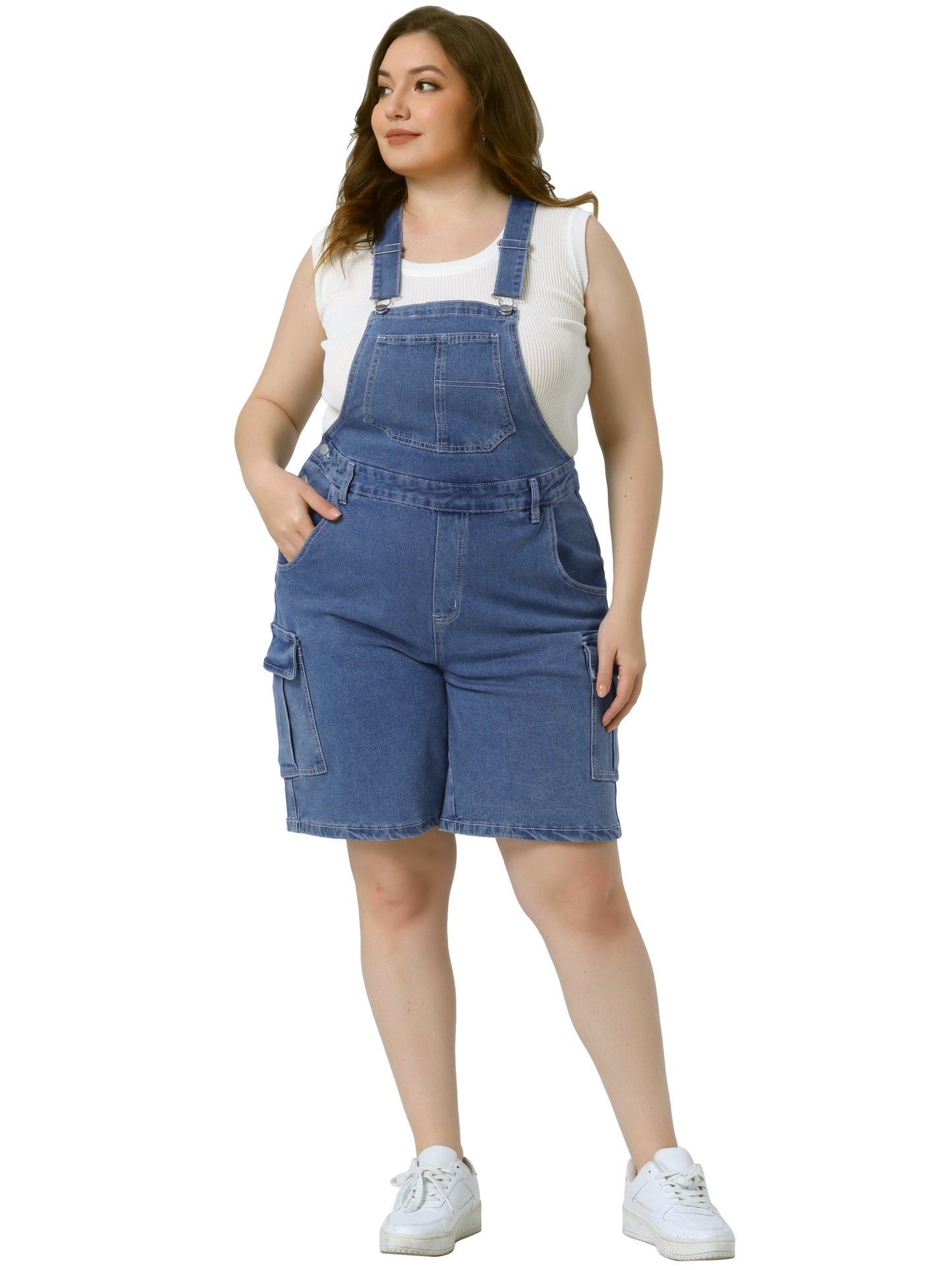 Mono de mezclilla de talla grande para mujer, pantalones cortos, mono con tirantes ajustables y bolsillos cargo