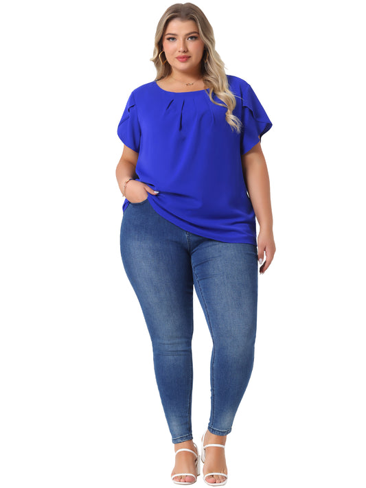 Women Plus Size Work Top Round Neck Pleated Tulip Sleeves Blouse Summer Top