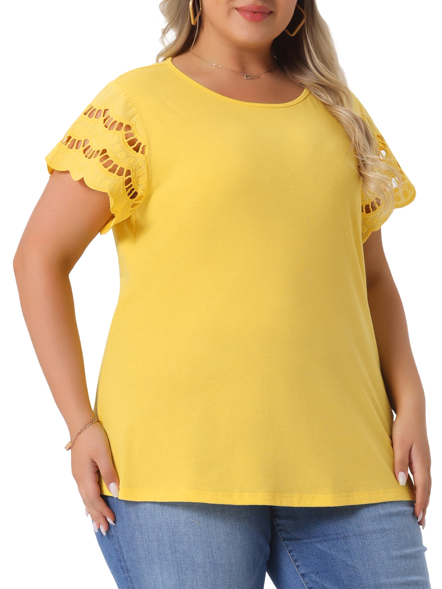 Women's Plus Size Top Round Neck Lace Panel Hollow Short Sleeve Elegant Summer Blouse
