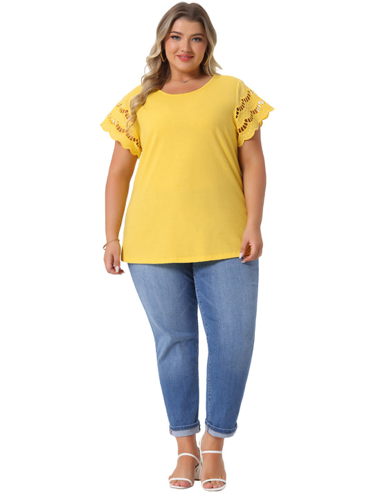 Women's Plus Size Top Round Neck Lace Panel Hollow Short Sleeve Elegant Summer Blouse