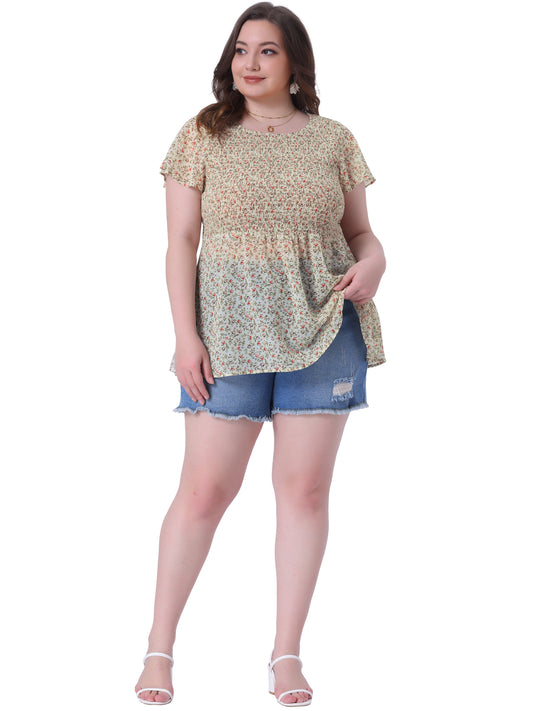 Women Plus Size Chiffon Blouse Summer Flare Short Sleeve Smocked Ditsy Floral Peplum Top