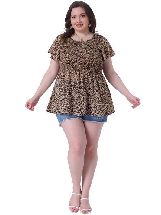 Women Plus Size Chiffon Blouse Summer Flare Short Sleeve Smocked Ditsy Floral Peplum Top
