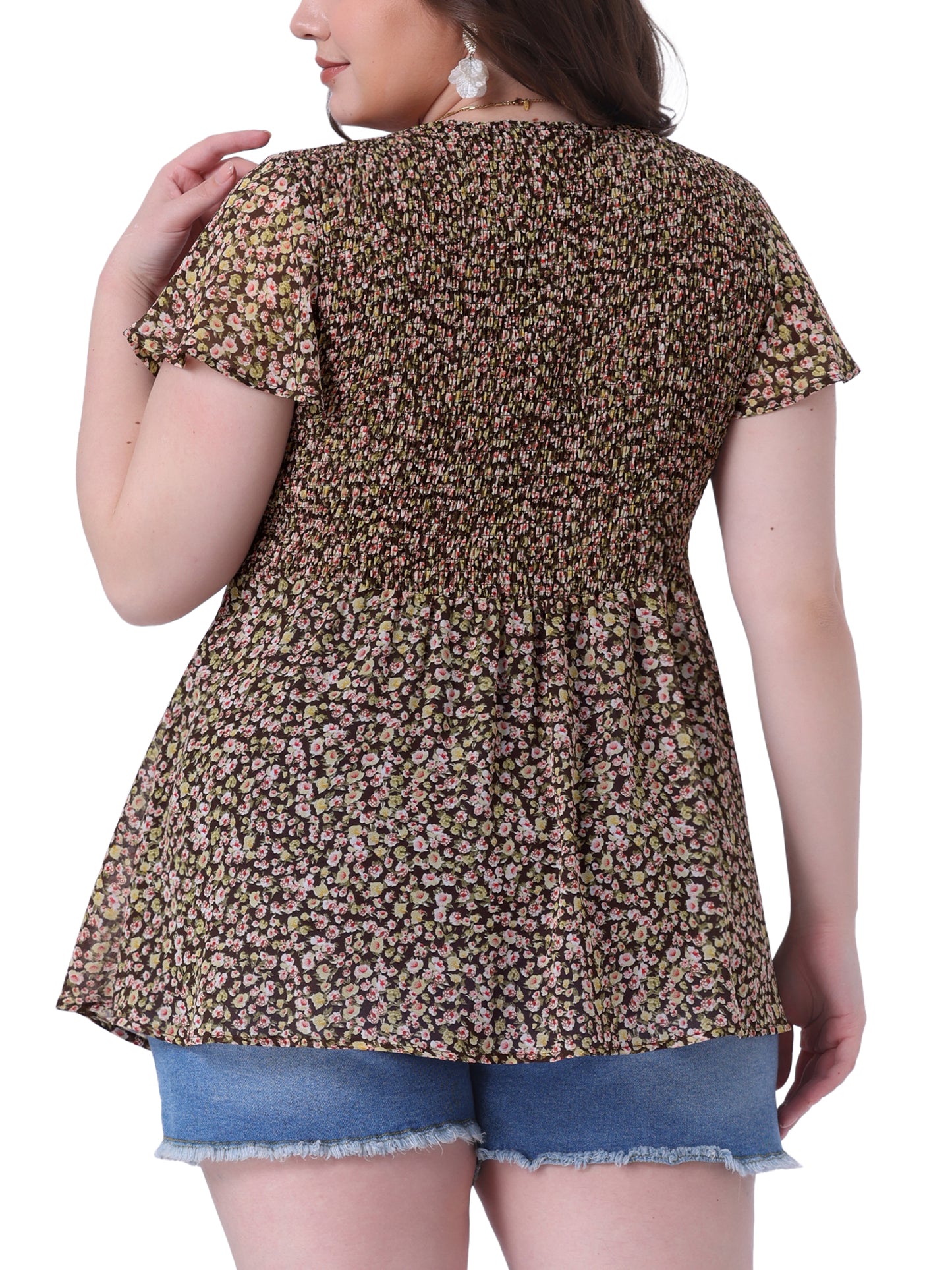 Women Plus Size Chiffon Blouse Summer Flare Short Sleeve Smocked Ditsy Floral Peplum Top