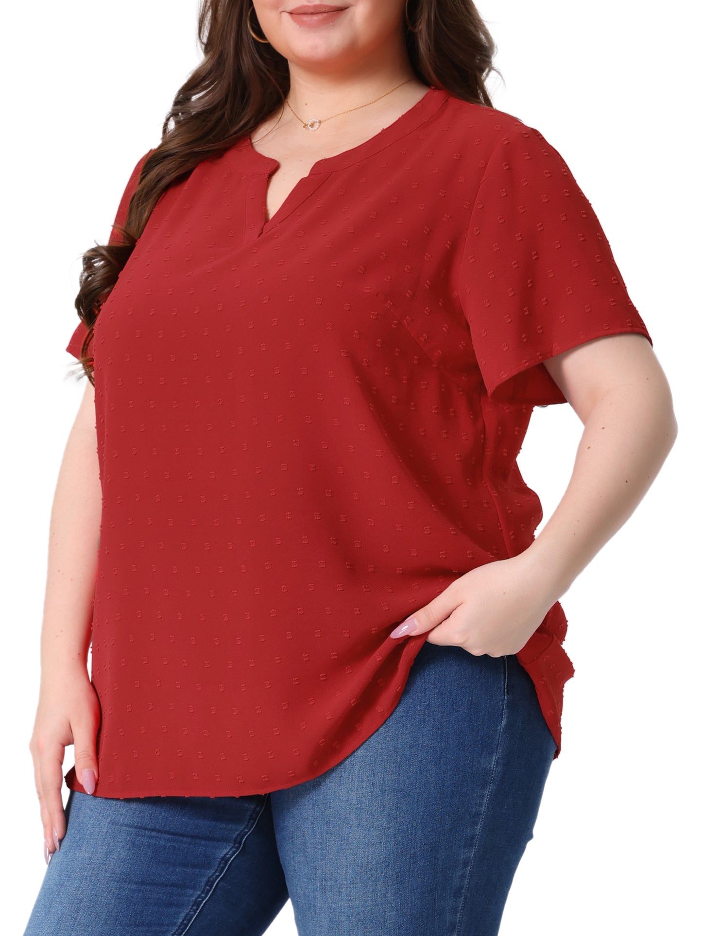 Women Plus Size Summer Top Swiss Dots Notched Neck Short Sleeve Blouse