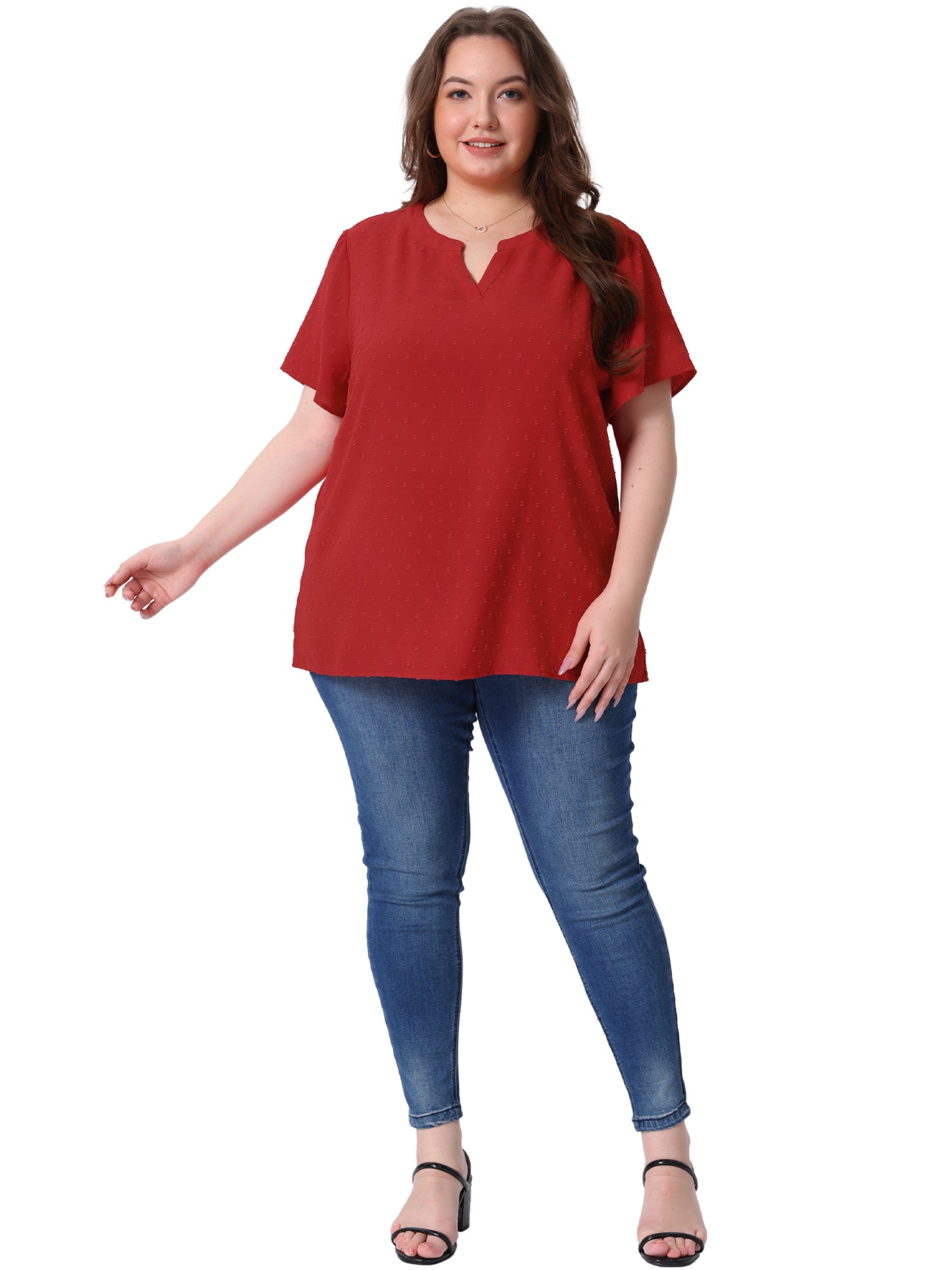 Women Plus Size Summer Top Swiss Dots Notched Neck Short Sleeve Blouse