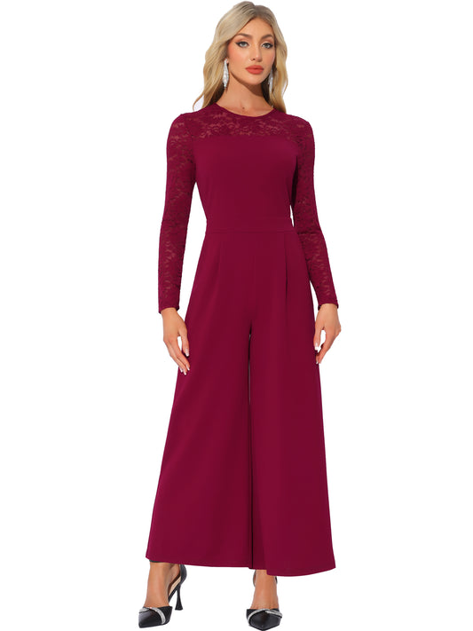 Women's Party Jumpsuits Elegant Crew Neck Mesh Lace Sleeve Loose Wide Leg Romper