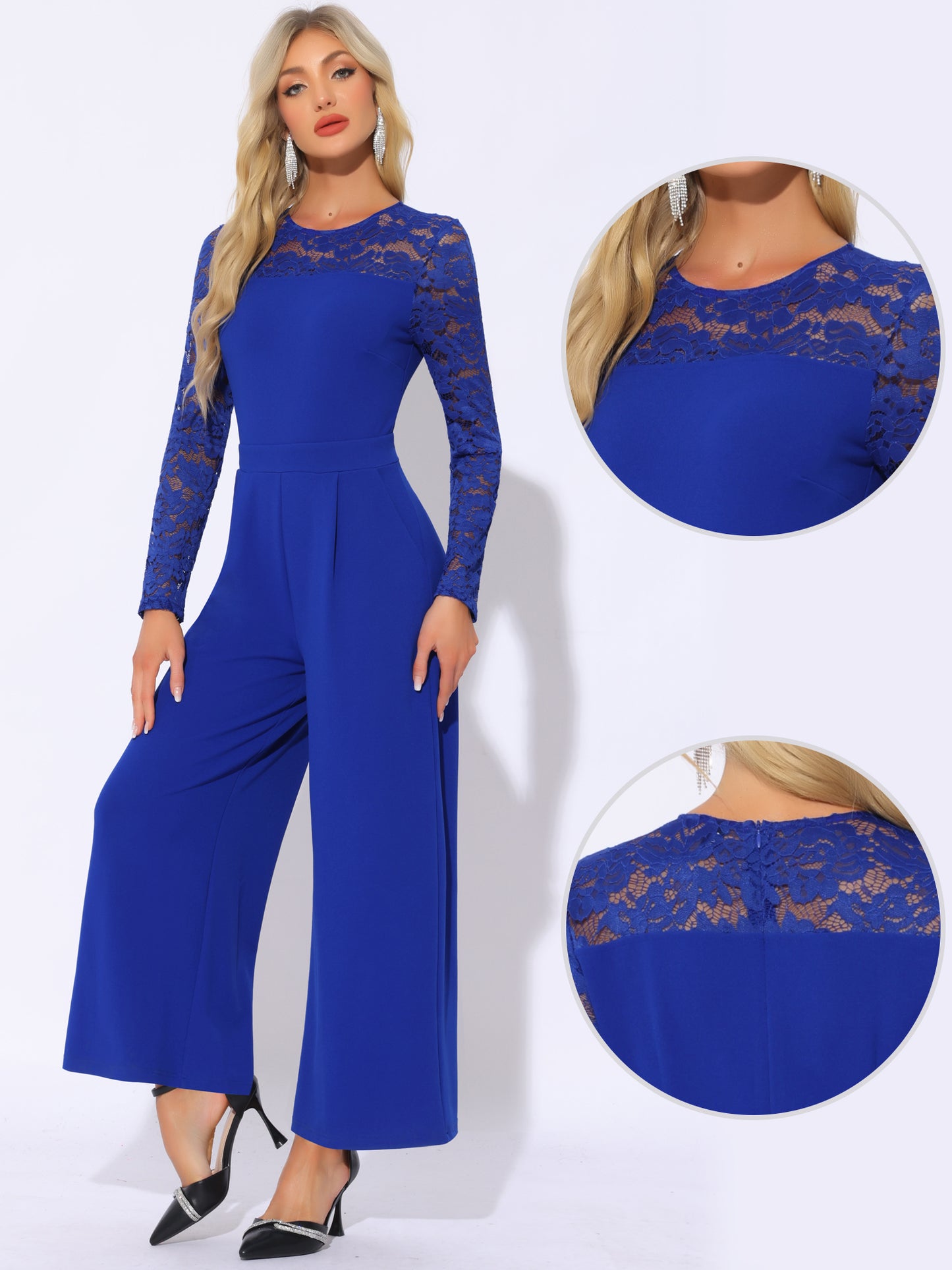 Women's Party Jumpsuits Elegant Crew Neck Mesh Lace Sleeve Loose Wide Leg Romper