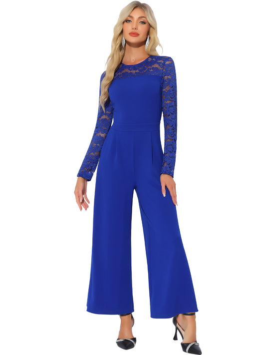 Women's Party Jumpsuits Elegant Crew Neck Mesh Lace Sleeve Loose Wide Leg Romper