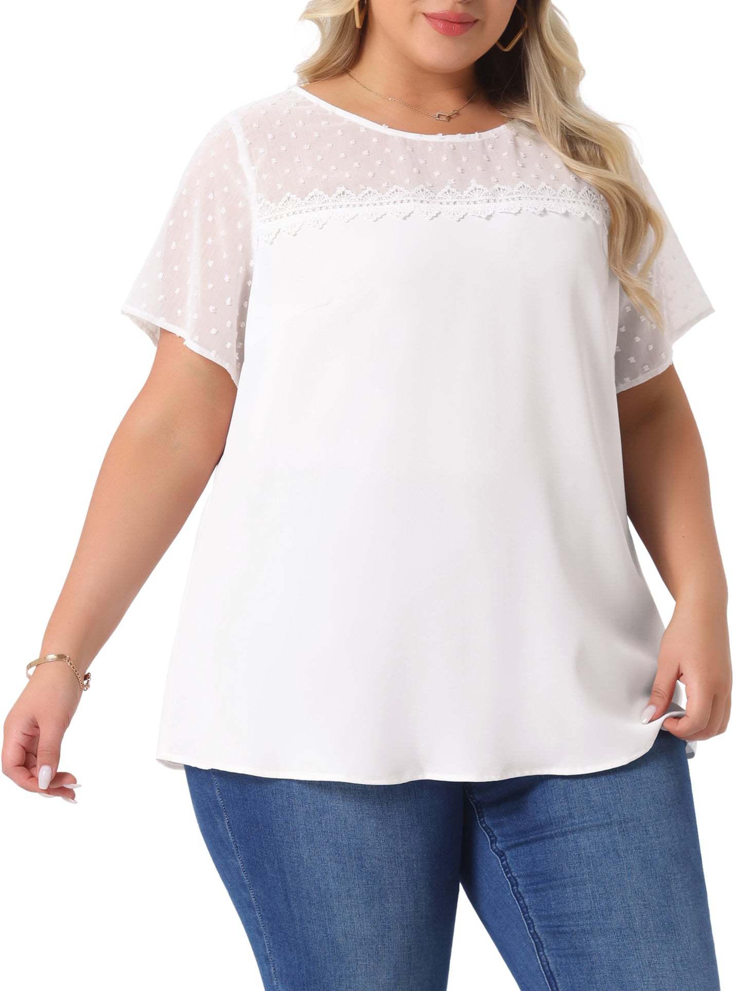 Women's Plus Size Round Neck Short Sleeves Polka Dots Lace Panel Summer Blouse