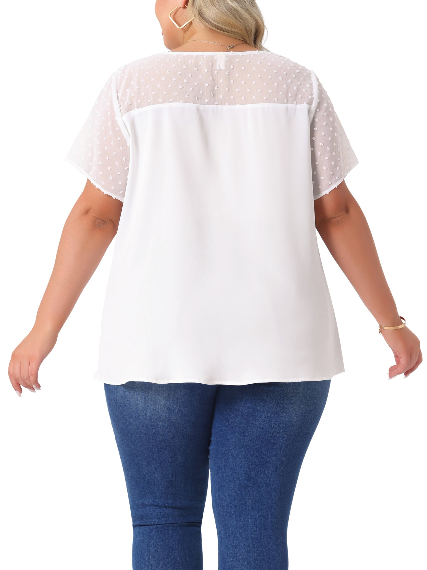 Women's Plus Size Round Neck Short Sleeves Polka Dots Lace Panel Summer Blouse