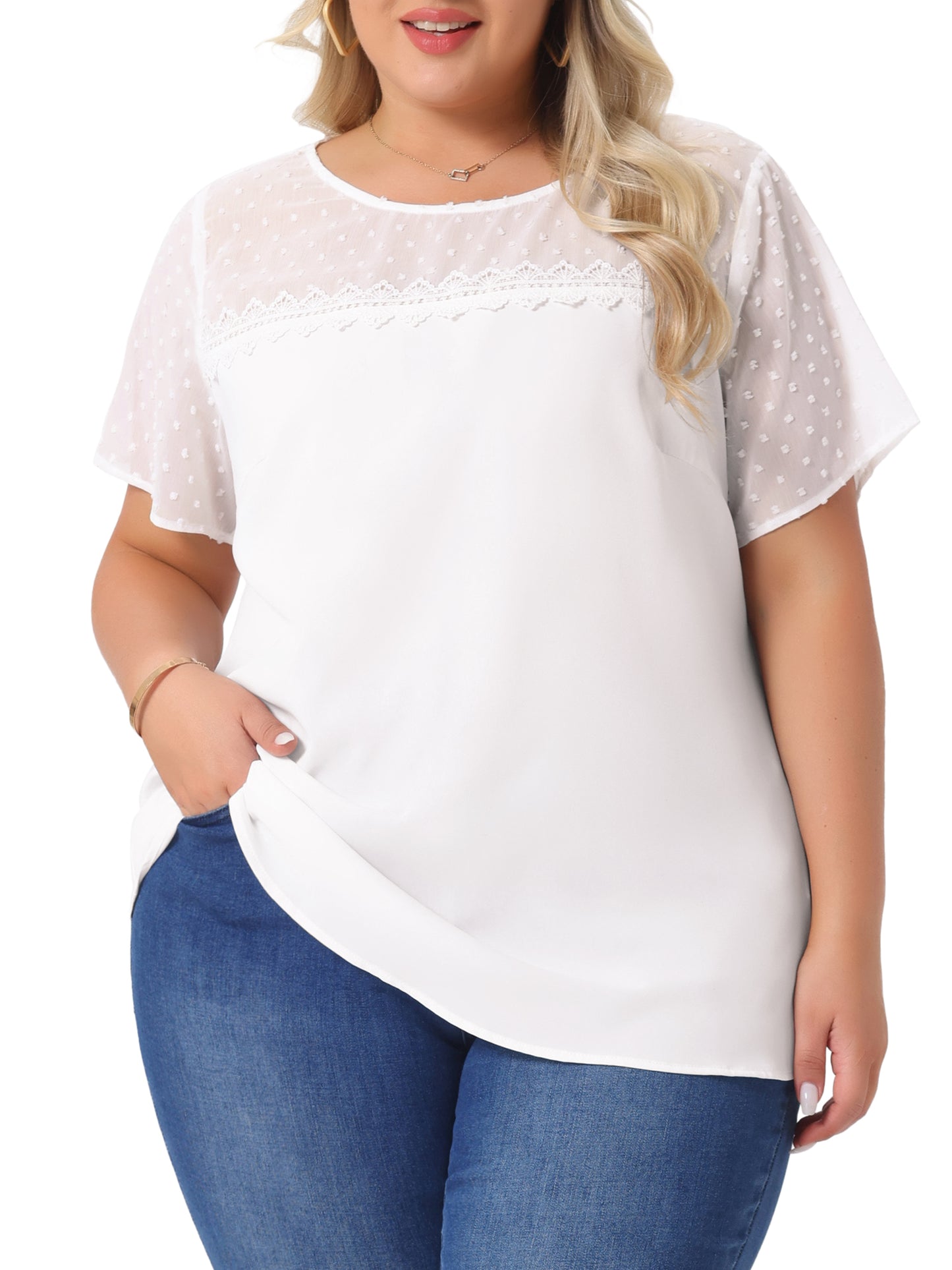 Women's Plus Size Round Neck Short Sleeves Polka Dots Lace Panel Summer Blouse