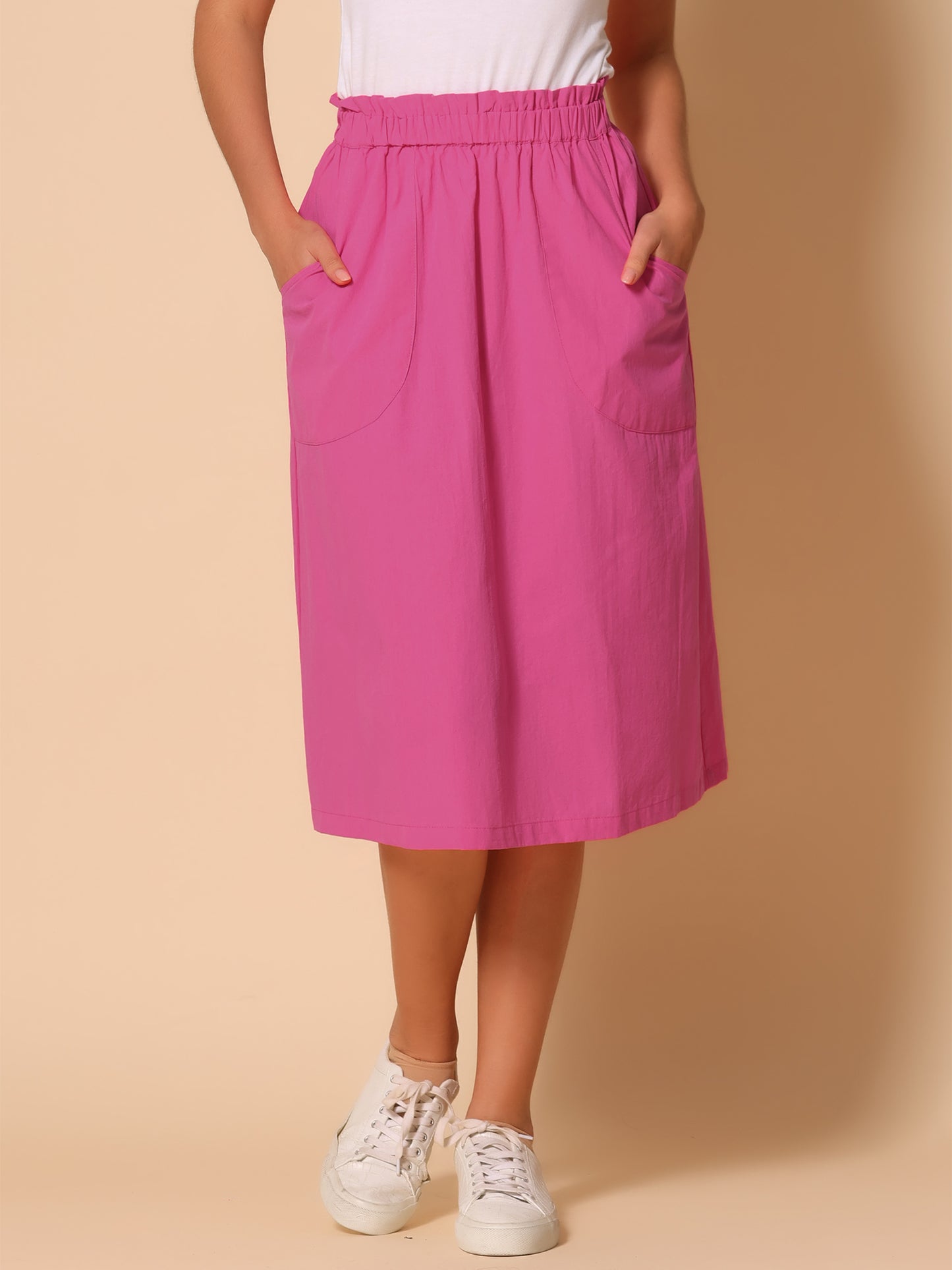 Falda informal de algodón para mujer, estilo campesino, con cintura elástica y bolsillos.