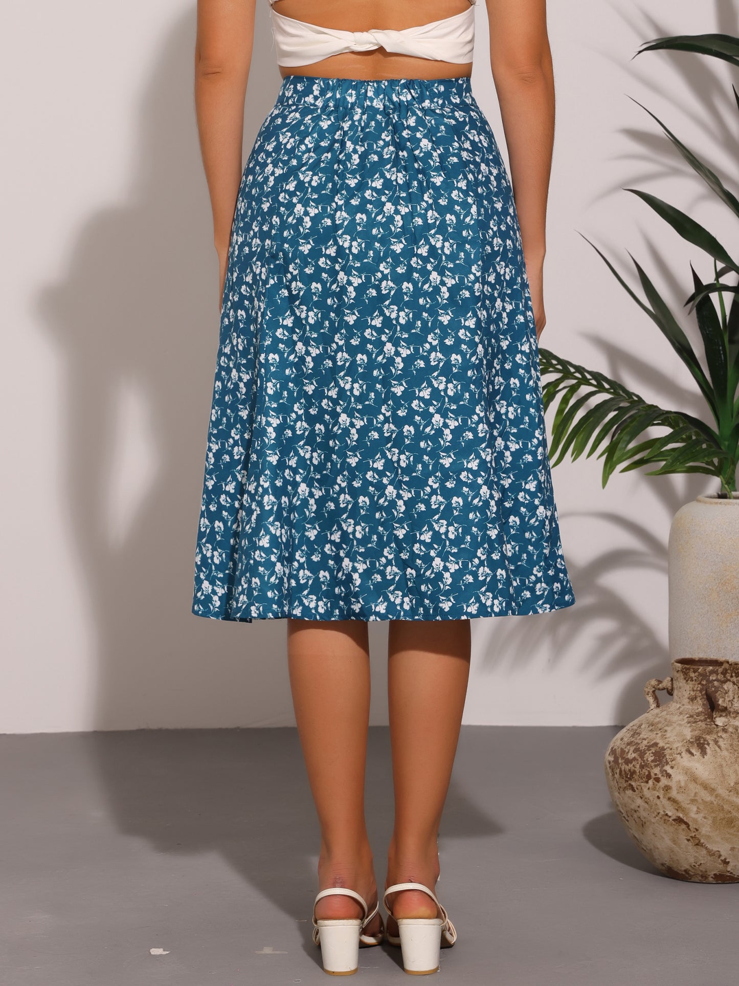 Falda midi floral para mujer, cintura elástica, corte A, estampado de florecitas