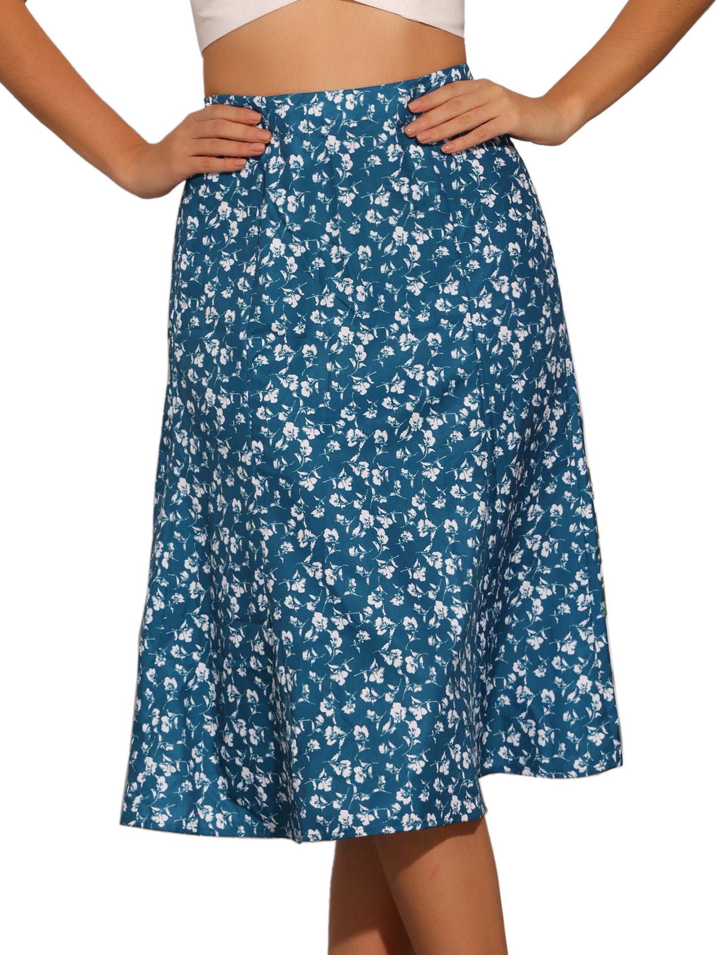 Falda midi floral para mujer, cintura elástica, corte A, estampado de florecitas