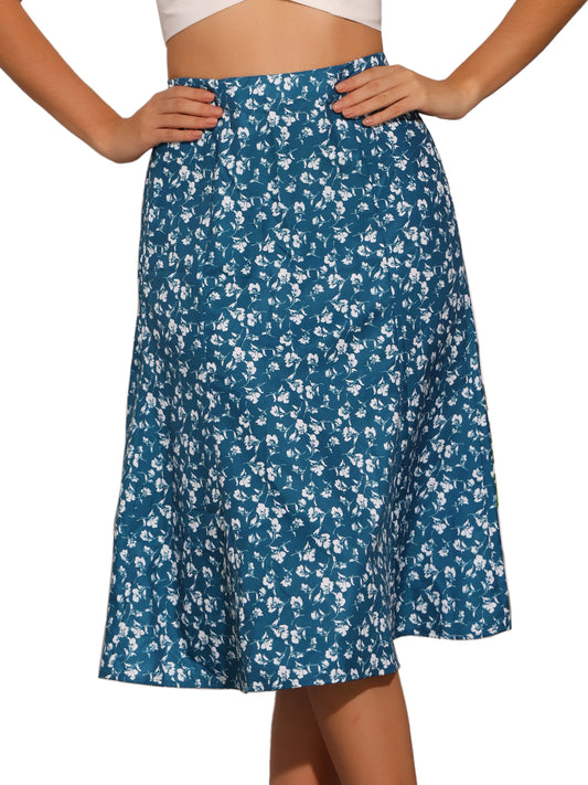 Women's Floral Midi Skirt Peasant Elastic Waist A-Line Ditsy Printed Skirts