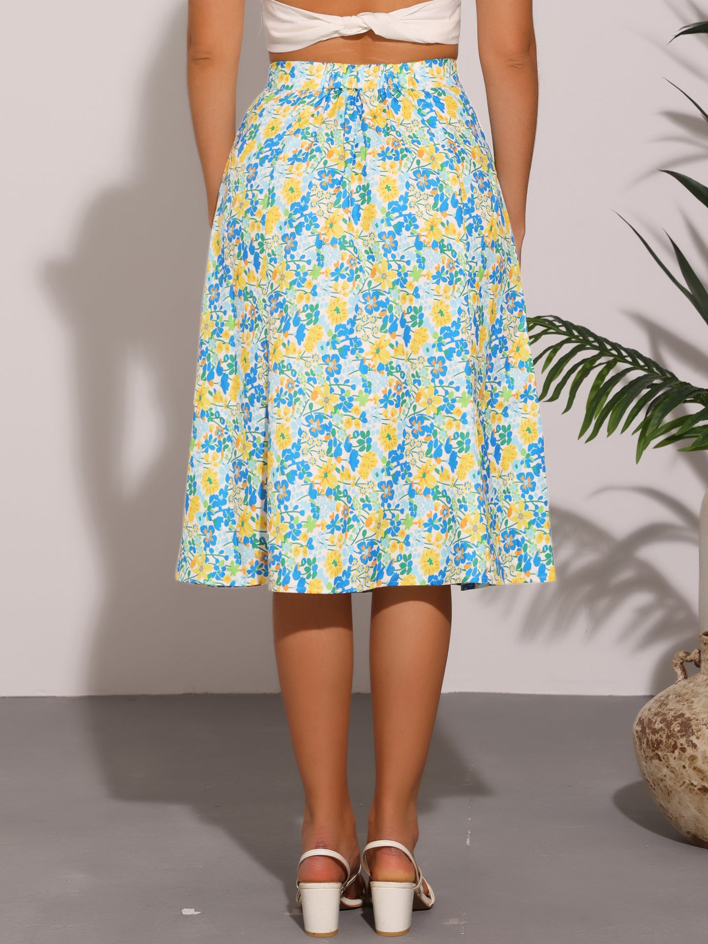Falda midi floral para mujer, cintura elástica, corte A, estampado de florecitas