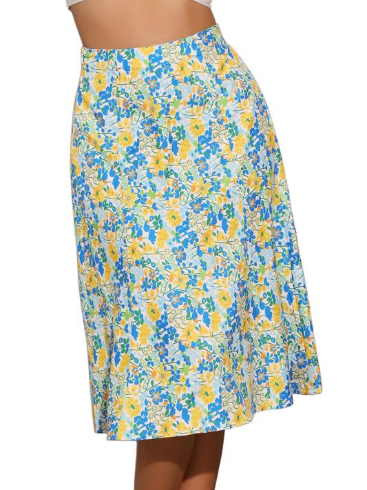 Falda midi floral para mujer, cintura elástica, corte A, estampado de florecitas