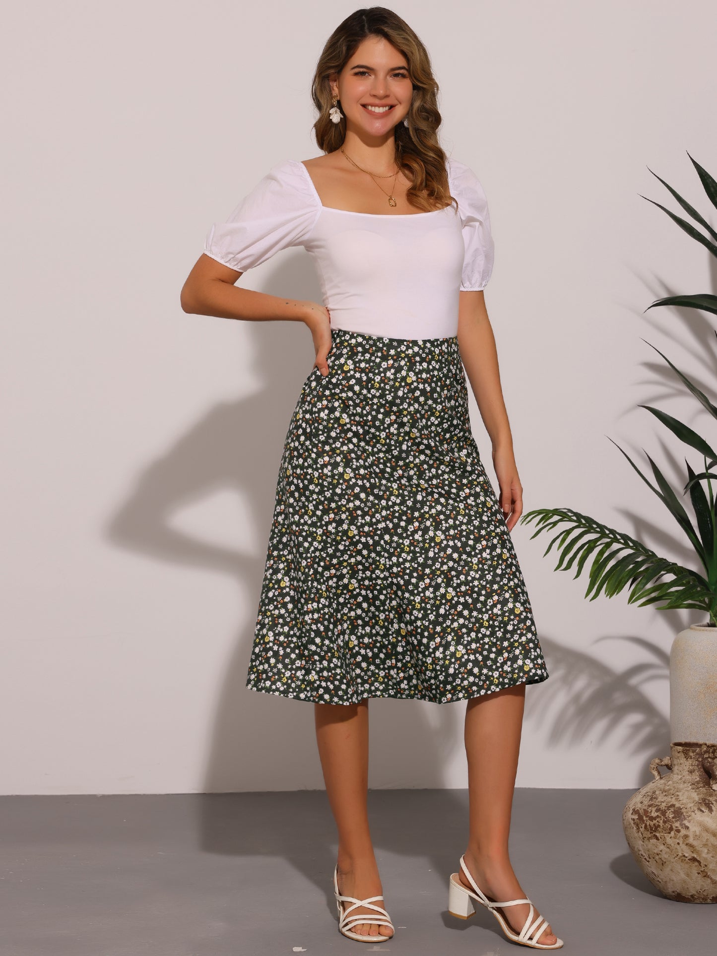 Falda midi floral para mujer, cintura elástica, corte A, estampado de florecitas