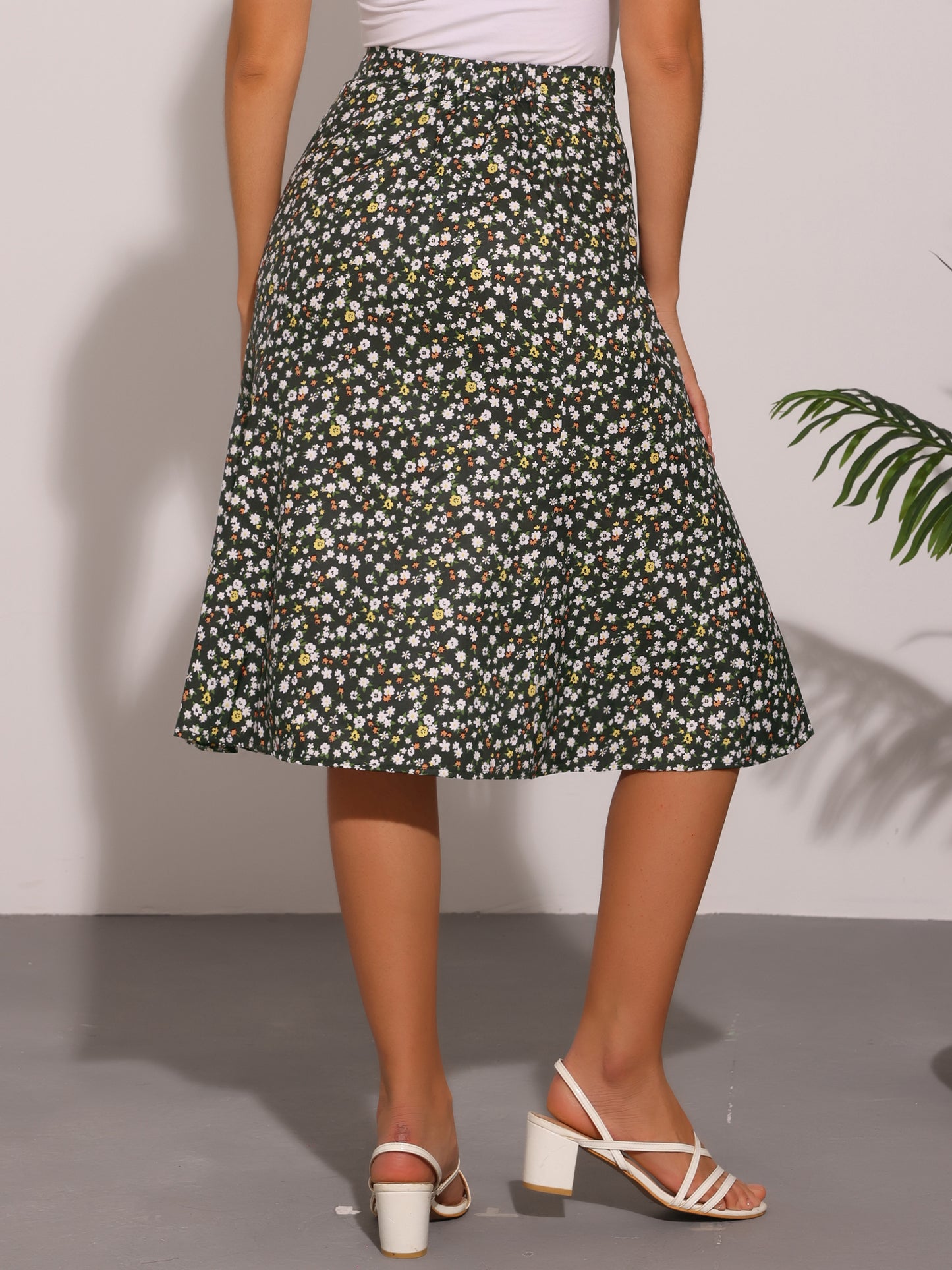 Falda midi floral para mujer, cintura elástica, corte A, estampado de florecitas