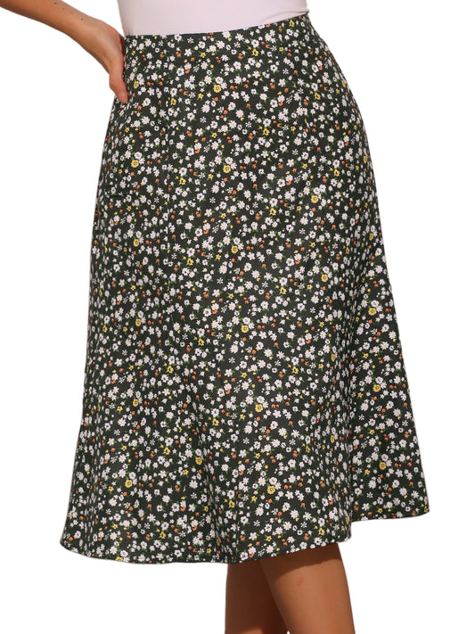 Falda midi floral para mujer, cintura elástica, corte A, estampado de florecitas