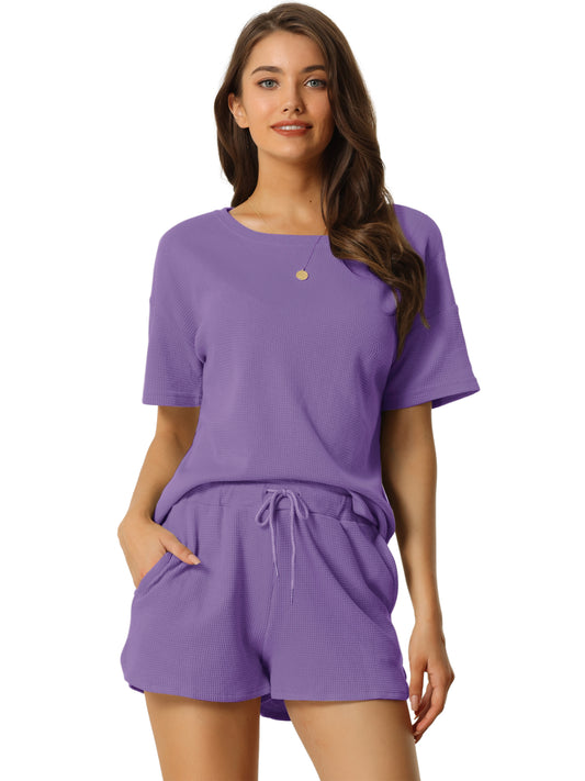 Conjunto de ropa de estar para mujer con bolsillos, conjunto de camiseta y pantalones cortos tipo gofre, chándal de estar por casa