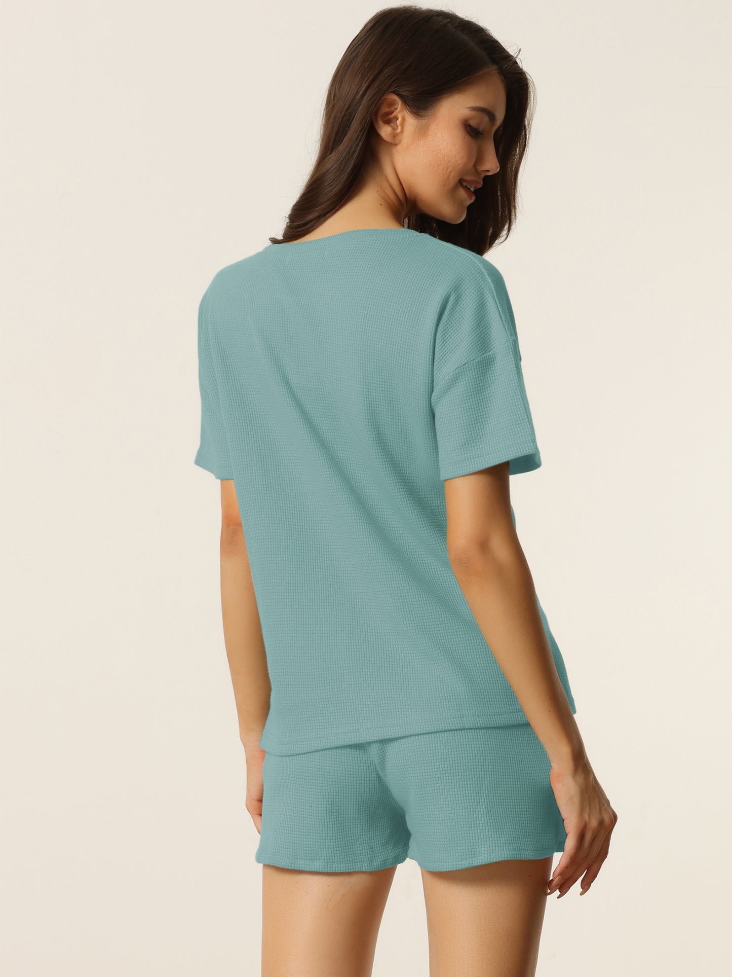 Conjunto de ropa de estar para mujer con bolsillos, conjunto de camiseta y pantalones cortos tipo gofre, chándal de estar por casa