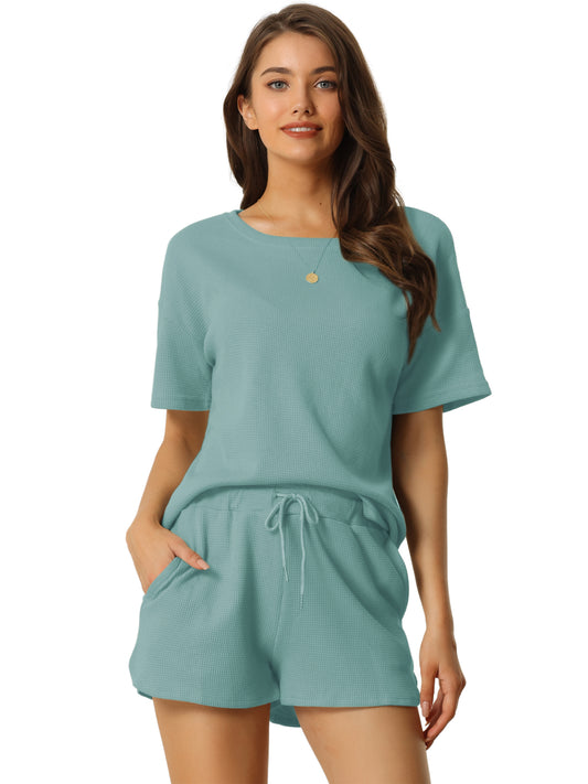 Conjunto de ropa de estar para mujer con bolsillos, conjunto de camiseta y pantalones cortos tipo gofre, chándal de estar por casa