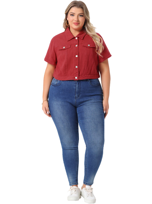 Chaqueta vaquera de talla grande para mujer, de manga corta, con botones y corte recortado.