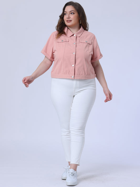 Chaqueta vaquera de talla grande para mujer, de manga corta, con solapa y botones al frente, ideal para el trabajo, estilo western.