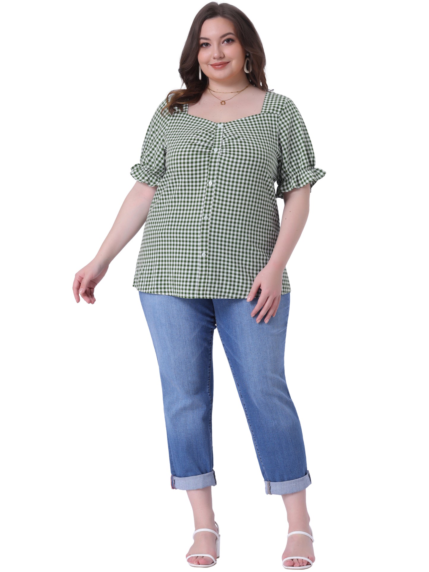 Women's Plus Size Gingham Tops Vintage Sweetheart V Neck Puff Short Sleeve Summer Blouse Top
