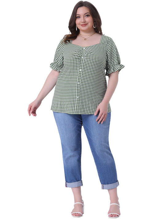Women's Plus Size Gingham Tops Vintage Sweetheart V Neck Puff Short Sleeve Summer Blouse Top