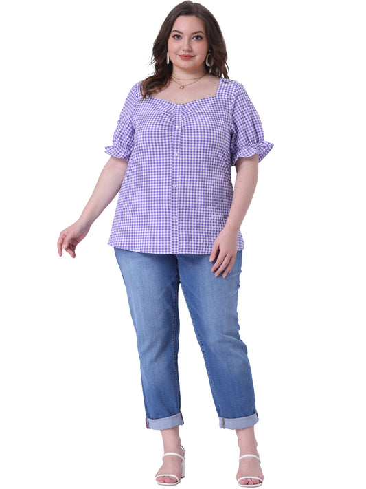 Women's Plus Size Gingham Tops Vintage Sweetheart V Neck Puff Short Sleeve Summer Blouse Top