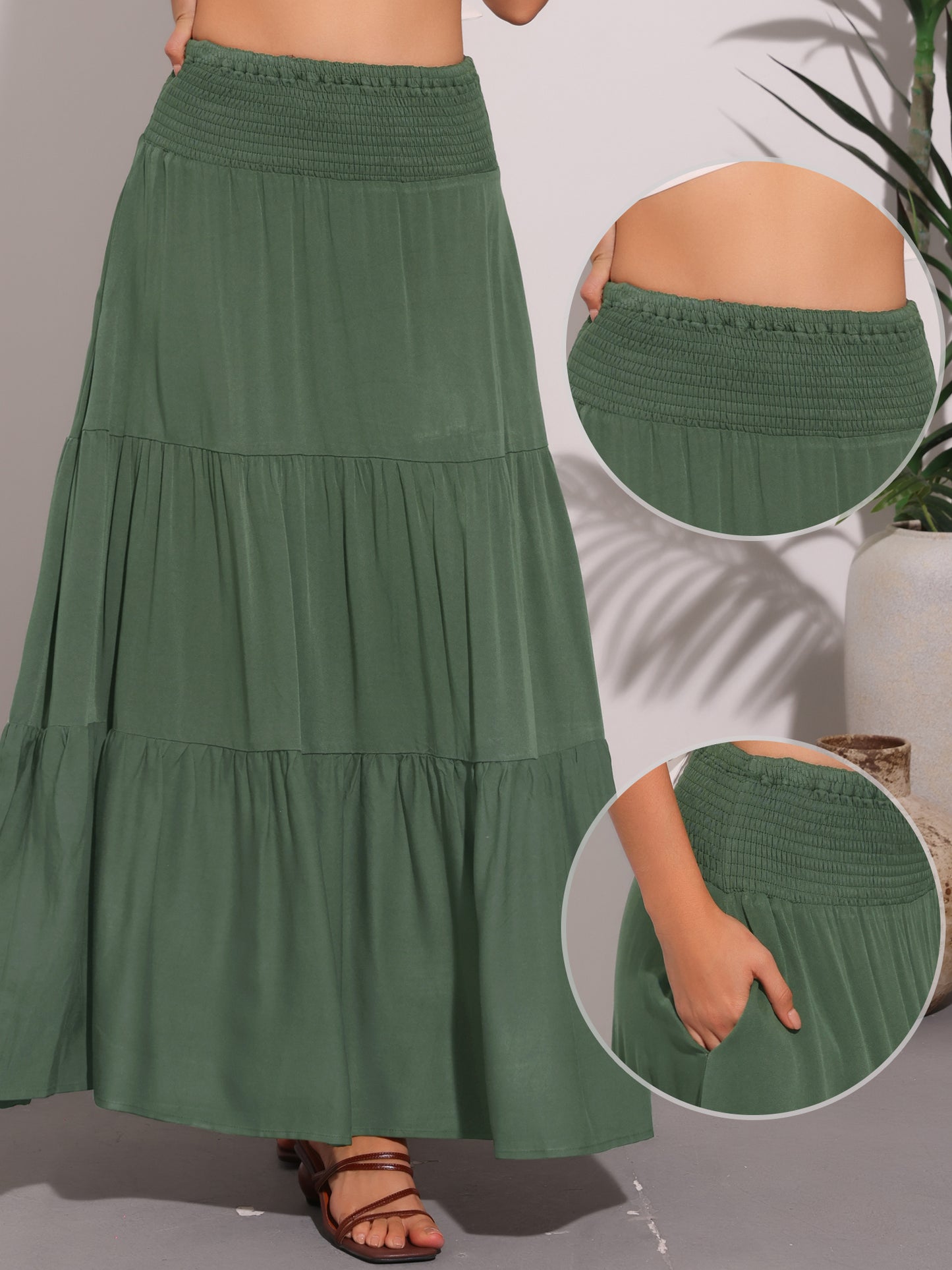 Women's Summer Maxi Skirt Casual Elastic Waist Flowy Tiered Boho Beach Long Skirts