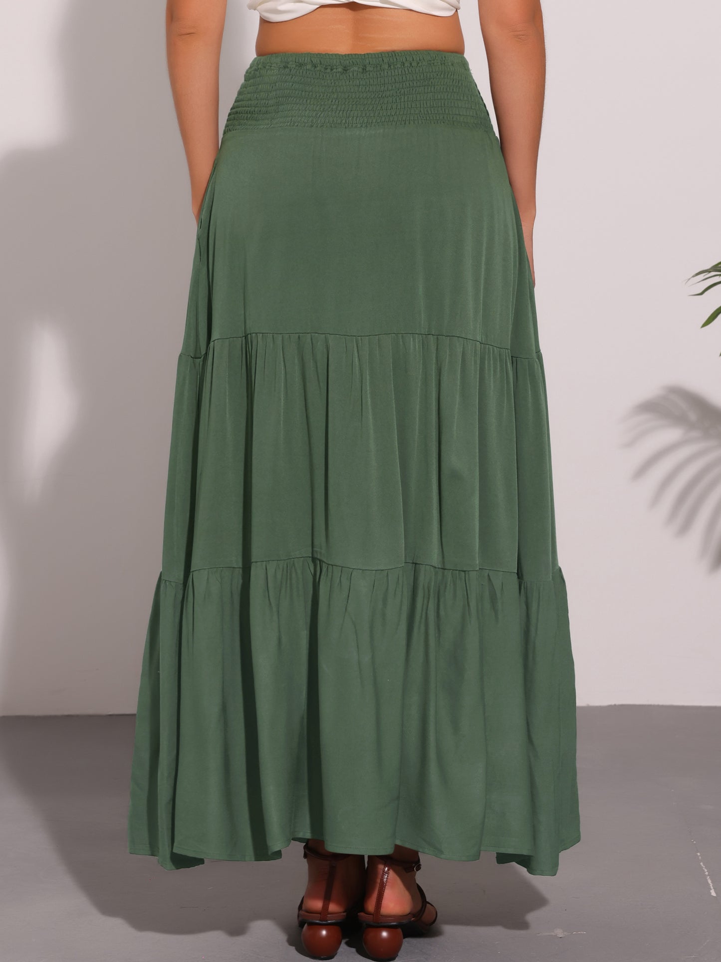 Women's Summer Maxi Skirt Casual Elastic Waist Flowy Tiered Boho Beach Long Skirts