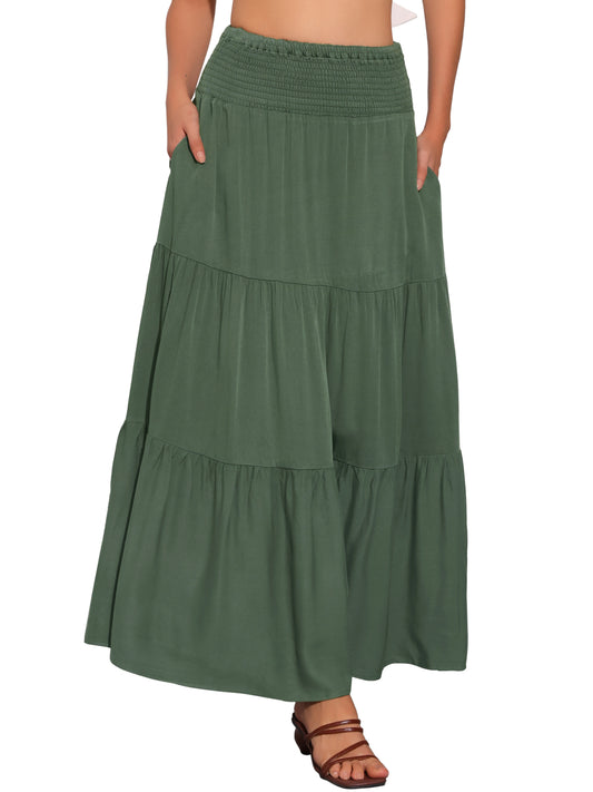 Women's Summer Maxi Skirt Casual Elastic Waist Flowy Tiered Boho Beach Long Skirts