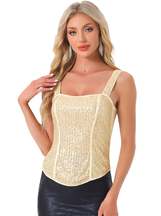 Women's Sequin Tank Tops Sparkly Glitter Sleeveless Camisole Corset Top