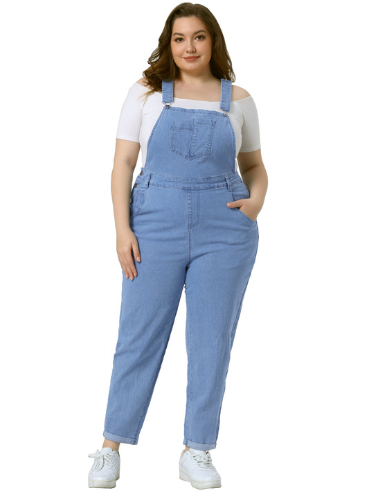 Women's Plus Size Casual Stretch Adjustable Denim Bib Overalls Jeans Pants Jumpsuit