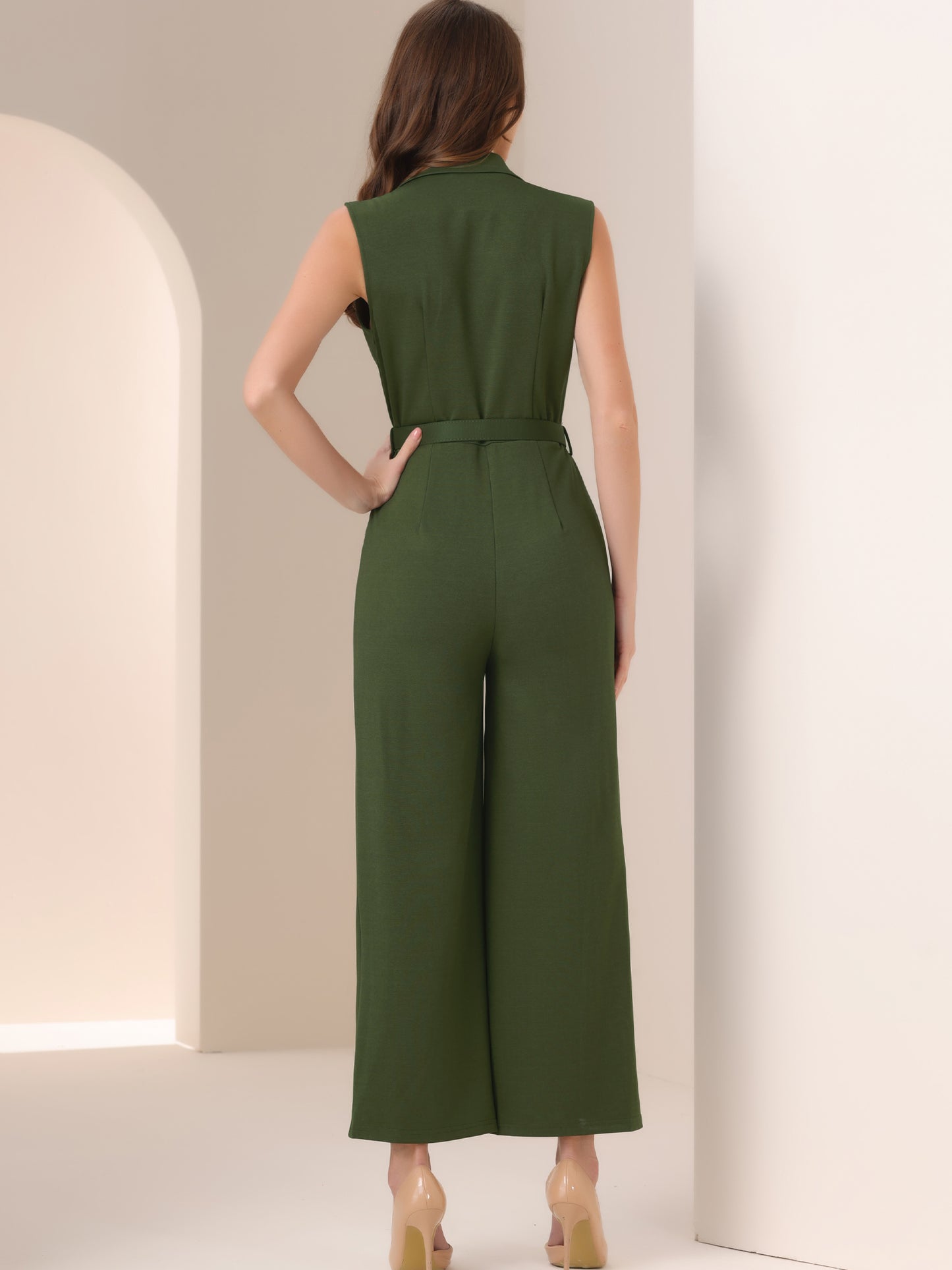 Womens' Sleeveless V Neck Button Front Jumpsuits Long Leg with Pocket Belted